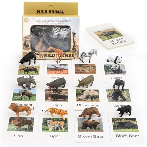 ZOSIGN Safari Tiere Spielfiguren, 12 Stück Safari Tiere Figur Spielzeug mit Flash-Karten, Realistische Wildtiere Spielzeug, Zootiere Figuren, Kreativ Lernspielzeug, für Kinder Jungen und Mädchen von ZOSIGN