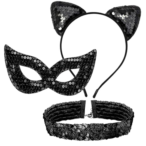 ZOSIGN 3 Stück Katzenkostüm Zubehör Damen, Katzenohren Haarreif mit Augenmaske und Halsband, Set Pailletten Stirnbänder Katzen, für Cosplay, Karneval Party, Halloween(A) von ZOSIGN