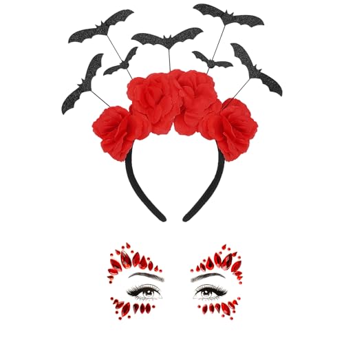 ZOSIGN Fledermaus Haarband, 2pcs Halloween Kopfschmuck, Glitzer Tattoos Gesicht, Fledermaus Haarreif, Gesichtsaufkleber, Halloween Accessoires, Damen-Kostümzubehör für Halloween-Karneval-Cosplay(Rot von ZOSIGN