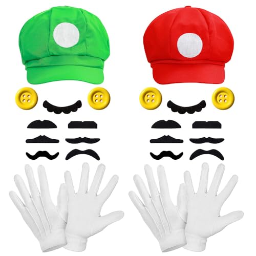 ZOYDP Kostüm Mario und Luigi, Mario und Luigi Kostüm, Luigi und Mario Kostüm, Luigi Kostüm Mario Kostüm mit Mütze, Handschuhen, Klebe-Bart, Knöpfe, Cosplay Kostüm für Damen Herren Karneval Mottoparty von ZOYDP