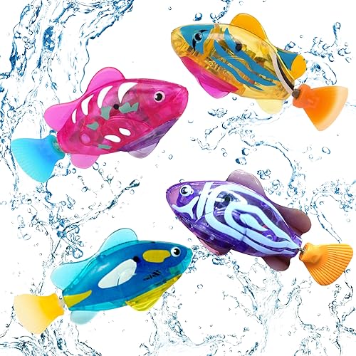 ZOYDP Robo Fish Set 4 Stück, Robo Fische für Kinder, Roboter Fisch Badewanne, Schwimmende Fische, Künstliche Bewegliche Fische,Wiederverwendbare Schwimmende Roboterfische mit 10 Batterien LED-Leuchten von ZOYDP