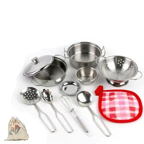 ZPZGOG Toy Pots and Pans Set,11 PCS Kitchen Toy Children Pots Pans Pretend Play with Bag Simulated Kitchen Toy Stainless Steel Soup Pot Pan Shovel Spoon Children Chef Role Playset Cooking Set von ZPZGOG