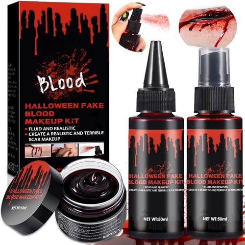 ZQEJEFD Halloween Kunstblut Fake Blood Kit, 3er Set Kunstblut Spray + Tropfendes Kunstblut + Geronnenes Blutplasma, Halloween Waschbar Kunstblut Make-up für Kleidung, Zombie, Vampir Cosplay Dress Up von ZQEJEFD