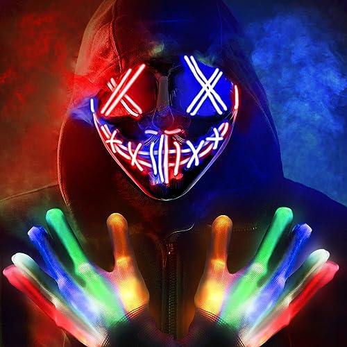 ZQEJEFD Halloween Maske, Halloween Maske Purge LED Party Leuchtmaske mit 3 Beleuchtungsmodi, LED Maske Leuchtende Handschuhe-Set für Fasching Halloween Fasching Festival Cosplay und Partys von ZQEJEFD