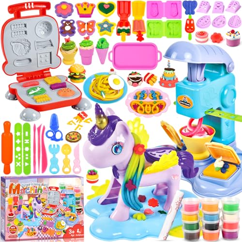 ZQEJEFD Knete Dough Set für Kinder, 59 Stück Knete Set Kitchen Creations Eismaschine Burgermaschine,Einhorn Friseur Knete Dough Set,Knete Zubehör mit 12 Dosen Knete,Spielzeug Geschenk Mädchen Junge 3+ von ZQEJEFD