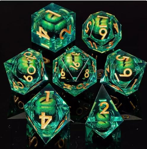 ZQMW 7 Stück Drachenauge Polyedrische Harz Spielwürfel DND Würfel Set D&D Würfel für Dungeons and Dragons RPG MTG Pathfinder Rollenspiel D20, D12, D10, D%, D8, D6, D4, grün von ZQMW