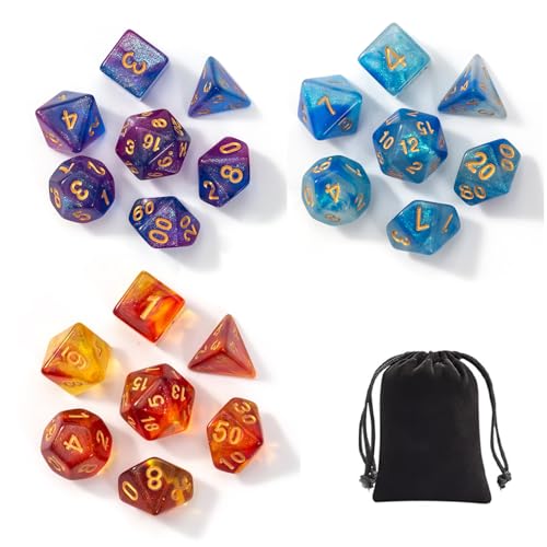 ZQMW DND Würfel Set, Glitzer Würfel mit Farbverlauf Polyedrischer Spielwürfel,21 Stück (7X3) Tischspiel Würfel für Dungeons & Dragons Rollenspiel, Pathfinder RPG MTG d&d Tischspiel Würfel von ZQMW