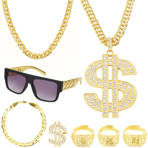 8 Stück Zuhälter Kostüm Set, 80/90 Jahre Hip Hop Anziehen, Rapper Kostüm, Metall Vergoldet Große Goldkette, Chinesische Zeichen Ring Geeignet, Dollar Symbol Ring für Karneval Fasching Mottoparty von ZSJMY