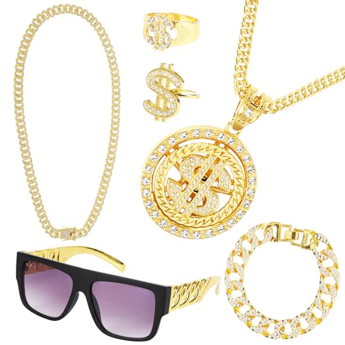 ZSJMY 6 Stück Zuhälter Kostüm Set, 80/90 Jahre Hip Hop Anziehen, Rapper Kostüm, Metall Vergoldet Große Goldkette, Drehbarer US-Dollar Anhänger, Dollar Symbol Ring für Karneval Fasching Mottoparty von ZSJMY