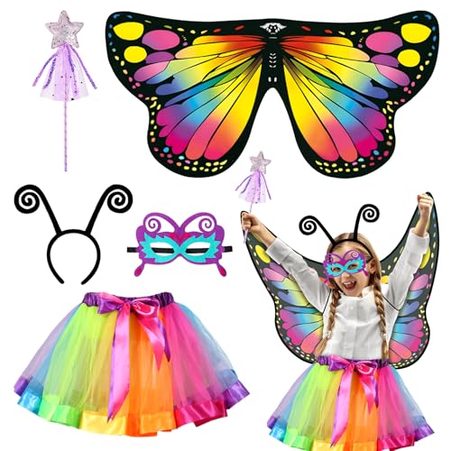 5 Stück Kostüm Schmetterling Kinder, Schmetterlingsflügel Kostüm Kinder, Schmetterling Umhang Kostüm mit Bunte Flügel, Maske, Tüllrock, Haarreif und Zauberstab, Kostüm Karneval Fasching Cosplay (A) von ZTBFHLZQ