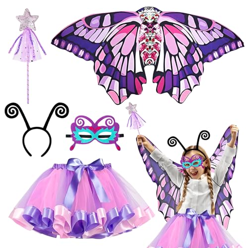 Kostüm Schmetterling Kinder, 5 Pcs Schmetterlingsflügel Kostüm Kinder, Schmetterling Umhang Kostüm mit Bunte Flügel, Maske, Tüllrock, Haarreif und Zauberstab, Kostüm Karneval Fasching Cosplay (C) von ZTBFHLZQ