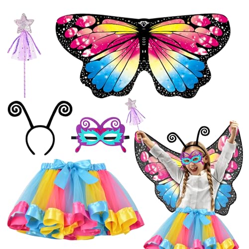 5 Stück Kostüm Schmetterling Kinder, Schmetterlingsflügel Kostüm Kinder, Schmetterling Umhang Kostüm mit Bunte Flügel, Maske, Tüllrock, Haarreif und Zauberstab, Kostüm Karneval Fasching Cosplay (B) von ZTBFHLZQ