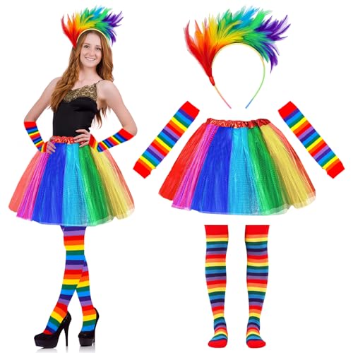 Regenbogen Tüllrock, 4er Regenbogen Tüllrock Damen, Karneval Kostüm Damen, Kniestrümpfe Damen Bunt, Fingerlose Handschuhe, Bunte Feder-Haarbänder, für Erwachsene für Karneval, Kostümparty, Mottoparty von ZTBFHLZQ