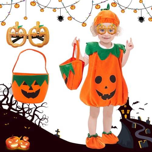 ZTBFHLZQ Kinder Kürbis Kostüm, Halloween Kürbis Kostüm, Kürbiskostüm Halloween mit Kürbiskorb, Kürbis Kostüm Kinder mit Hut, Schuhüberzug, Gläser, Kürbis Karnevalskostüm für Jungen, Mädchen (100) von ZTBFHLZQ