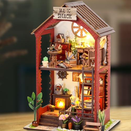 Buchecken-Kits für Erwachsene, Miniatur-Haus-Set aus Holz, 3D, mit Möbeln und LED-Licht, Mini Villa, Puzzle, Bibliothek, handgefertigt, kreatives Geschenk von ZTMHRG