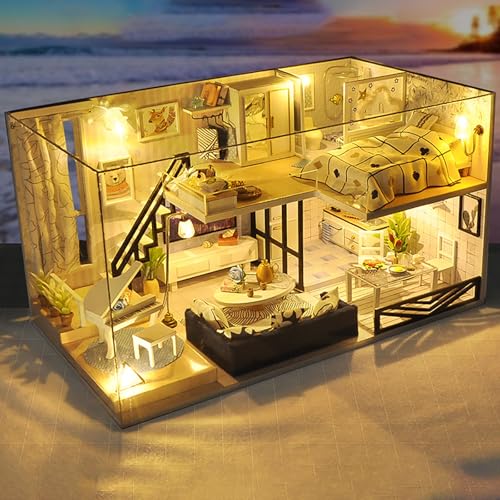 Miniatur Holzpuppenhaus, DIY Bücherecke Bausatz mit LED Licht Puppenhaus 3D-Puzzle Holzhandwerk Heimdekoration Miniaturhaus Bausatz für Erwachsene von ZTMHRG