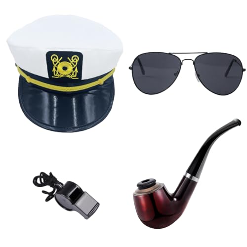 ZUCOS 4 Stück Yacht Kapitän Hut Kapitänsmütze Kostüm Set,Verstellbare Yacht Schiff Boot Marine Mütze Mit Sonnenbrille,Kapitän Prop,Handschuhe,Abzeichen für Partys Cosplay (White Captain, Medium) von ZUCOS