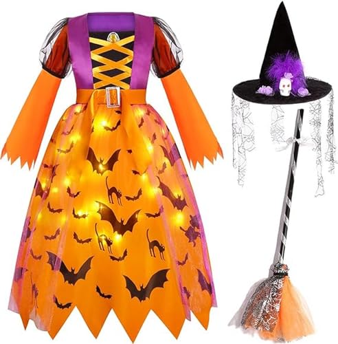 ZUCOS Hexe Kinderkostüm mit Lichter Halloween Mädchen Kostüm Karneval Fasching Cosplay Kostüme Prinzessin Kleid mit Hexenbesen und Hut (Gelb, 3-4 Jahre) von ZUCOS