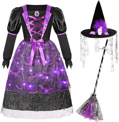 ZUCOS Hexe Kinderkostüm mit Lichter Halloween Mädchen Kostüm Karneval Fasching Cosplay Kostüme Prinzessin Kleid mit Hexenbesen und Hut (Lila, 3-4 Jahre) von ZUCOS