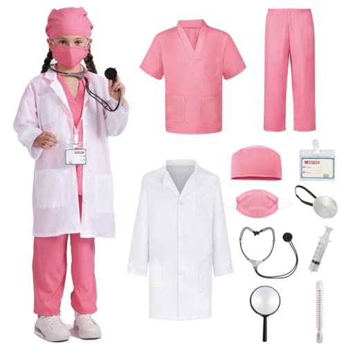 ZUCOS Kinder Kostüm Arzt Kinder Arztkittel Kinder Verkleidungskiste mit Doktor Rollenspiel Zubehör Fasching Halloween Geschenke für Kinder (Rosa, 3-4 Years) von ZUCOS