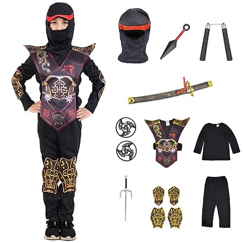 ZUCOS Kinder Ninja Halloween Kostüm Set Mädchen Jungen Ninja Drache Muskeln Carnaval Kostüm (Schwarz, 10-12 Jahre) von ZUCOS