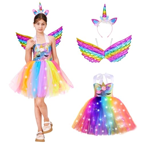 ZUCOS Mädchen Einhorn Kostüm mit Lichter Tutu Kleid Prinzessin Kleid für Geburtstag Halloween Karneval (7-9 Jahre, Regenbogen B) von ZUCOS