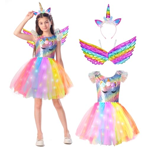 ZUCOS Mädchen Einhorn Kostüm mit Lichter Tutu Kleid Prinzessin Kleid für Geburtstag Halloween Karneval (Regenbogen, 3-4 Jahre) von ZUCOS