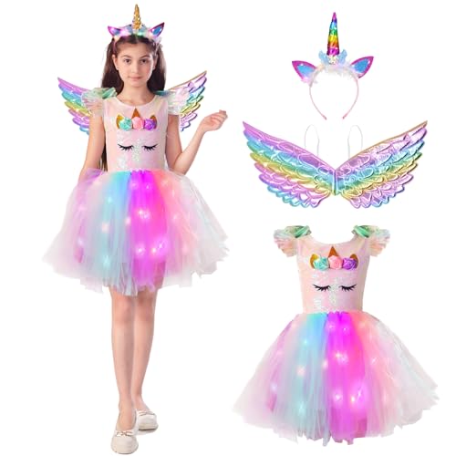 ZUCOS Mädchen Einhorn Kostüm mit Lichter Tutu Kleid Prinzessin Kleid für Geburtstag Halloween Karneval (Weiß, 3-4 Jahre) von ZUCOS