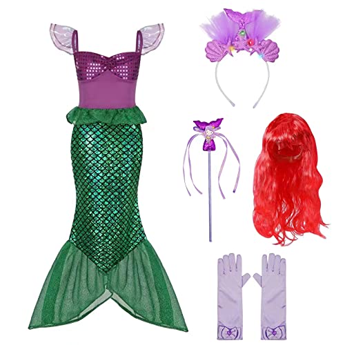 ZUCOS Mädchen Meerjungfrau Prinzessin Kleider Geburtstag Party Halloween Karneval Cosplay Kostüme Set Perücke und Light-up Stirnband (Kurzärmelig, 3-4 Jahre) von ZUCOS