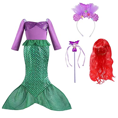 ZUCOS Mädchen Meerjungfrau Prinzessin Kleider Geburtstag Party Halloween Karneval Cosplay Kostüme Set Perücke und Light-up Stirnband (Langärmelig, 7-9 Jahre) von ZUCOS