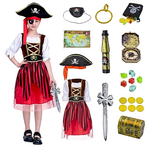 ZUCOS Mädchen Piratenkostüm Rollenspielset - Piratenspielzeug Zubehör Anziehen Geburtstag Halloween Weihnachten (Pirat, 10-12 Jahre) von ZUCOS