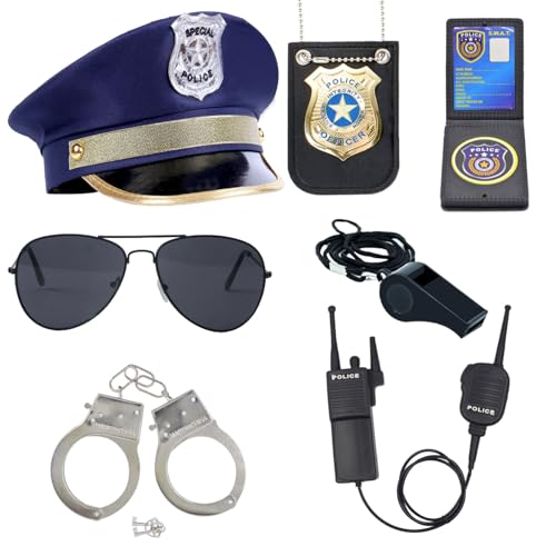 ZUCOS Polizei Kostüm Kinder, Polizist Handschellen Sonnenbrille Abzeichen Detective Cop Swat Rollenspiel Zubehör Halloween Party Kostüm Dress up (With Hat, Medium) von ZUCOS