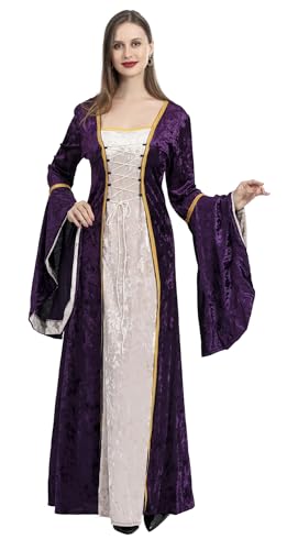 ZUCOS Renaissance Kostüm Frauen Mittelalterliches Kleid mit Trompetenärmel Gotisch Maxikleid Karneval Halloween Party von ZUCOS