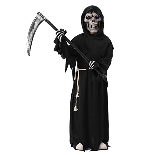 ZUCOS Sensemann Kostüm Sense Schädelmaske SchädeHandschuhe, Unisex Kostüm Grim Reaper für Halloween Party Dekoration (Schwarz, 10-12 Jahre) von ZUCOS