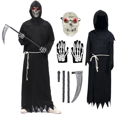 ZUCOS Sensenmann Kostüm, Halloween Kostüm Sensenmann mit Sense Schädelmaske Kostüme Set für Erwachsene Halloween Dekoration Cosplay Sensenmann Schwarz Umhang mit Kapuze von ZUCOS