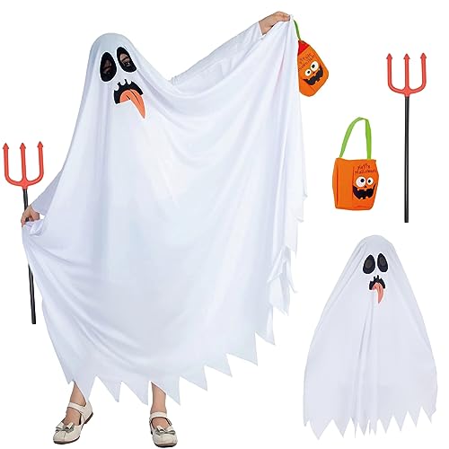 ZUCOS Weiß Geisterroben Kostüm für Kinder Halloween Gruseliges mit Kürbisbeutel (Weiß, 7-9 Jahre) von ZUCOS