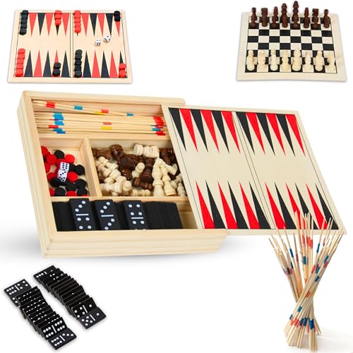 ZUHRIA Spielkiste aus Holz Mikado Domino Schach Backgammon (4-in-1) ab 4 Jahre Kinder Spielzeug Klassisches Set Perfekt für spannende Spieleabende. von ZUHRIA