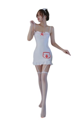 ZUOYIMEI Body Set Bodysuit Damen Krankenschwester Kostüm Damen Babydoll Reizwäsche Damen Curvy Reizwäsche Damen Dienstmädchen Kostüm Sexy Damen C-White3 With Socks Einheitsgröße von ZUOYIMEI