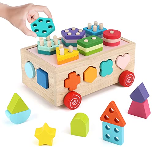 Holzspielzeug Kleinkind Steckspiel aus Holz Montessori Spielzeug Motorikspielzeug Nachziehspielzeug Lernspielzeug Sortierspiel Pädagogisches Geschenk, Stapeln und Lernen Sie Geometrische Formen Rätse von ZWOOS