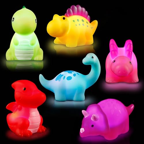 Badewannenspielzeug Kinder, ZWOOS 6 Pieces Badespielzeug Dinosaurier LED Licht Badespielzeug Set für Kleinkind Jungen Mädchen, Wasserspielzeug Kinder mit Early Learning Spielzeug Badewanne von ZWOOS