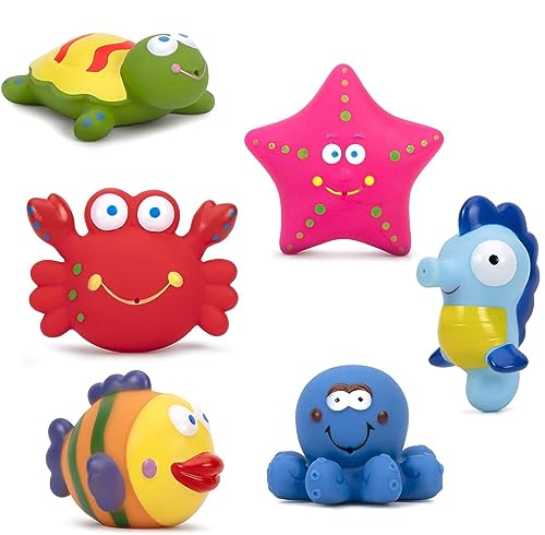 ZWOOS Baby badespielzeug, 6 Stück Schwimmende Badespielzeug, schwimmendes Badespielzeug Kleinkinder Mit Fisch, Seepferdchen, Schildkröte, Seestern für Baby, Badewanne und Schwimmbad (A) von ZWOOS