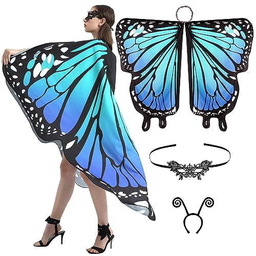 ZWOOS Damen Schmetterling Kostüm Damen Schmetterlingsflügel Erwachsene Frauen Schmetterlingsflügel Schal Nymphe Pixie Halloween Kostüm Flügel Schmetterling Umhang Mit Schleier und Tentakel von ZWOOS