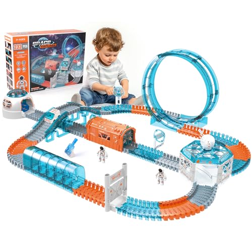 ZWOOS Raum Rennstrecken Track Spielzeugautos Set, 232 pcs Flexible Autorennbahn Kinder mit 1pcs Elektroauto, 2 Astronautenpuppen, Weltraumthema Car Track für 3 4 5 6 Jahre alt Jungen Mädchen von ZWOOS