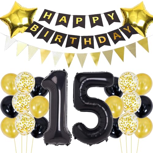 Luftballons 15 Geburtstag Dekoration Schwarz Gold Geburtstagsdeko 15 Jahre Mann Geburtstag 15 Junge Folienballon 15 Geburtstag Deko Junge Geburtstagsdeko 15 Jahr Junge Party Deko Gold Schwarz von ZWWsullo