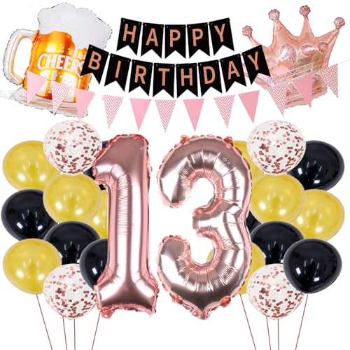 ZWWsullo 13 Geburtstag Dekorationen Mädchen 13 geburtstag deko 13 Geburtstag Dekoration Mädchen Happy Birthday Banner Rosegold Ballons Schwarz Rosegold Luftballons Konfetti Luftballons von ZWWsullo