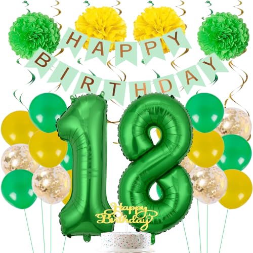 ZWWsullo 18 Happy Birthday Banner 18 Geburtstagdeko Luftballons Luftballons Grün Konfettiballons 18 Geburtstag Dekoration Grün Gold Grün Gold Geburtstag Party Dekoration Zubehör von ZWWsullo