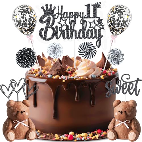 ZWWsullo Glitter Cake Topper Happy 11th Birthday Tortendeko 11 Geburtstag Kuchen Deko Tortendeko 11 Geburtstag Mädchen Jungen Schwarz Kuchen Deko 11 Geburtstag Cake Topper von ZWWsullo