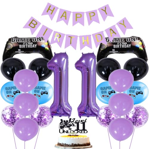 ZWWsullo Luftballon 11 Geburtstag Junge Gaming Controller Luftballons Videospiel Ballon Gaming Party Geburtstag Deko 11 jahre Cake Topper(Schwarz & Lila) Geburtstag Dekoration Junge von ZWWsullo