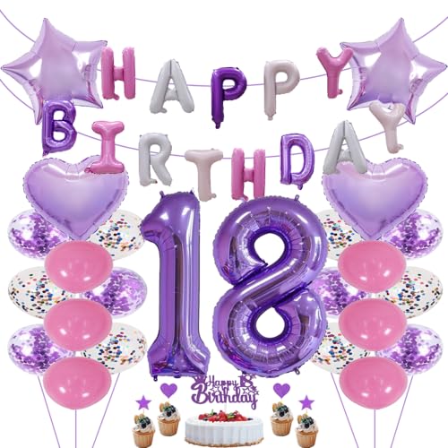 ZWWsullo Luftballon zum 18 Geburtstag lila geburtstagsdeko Happy Birthday Banner mit Pompoms Papier Girlande Folienballon 18 Geburtstag deko Riesen Folienballon Zahl 18 Geburtstag Lila Deko von ZWWsullo