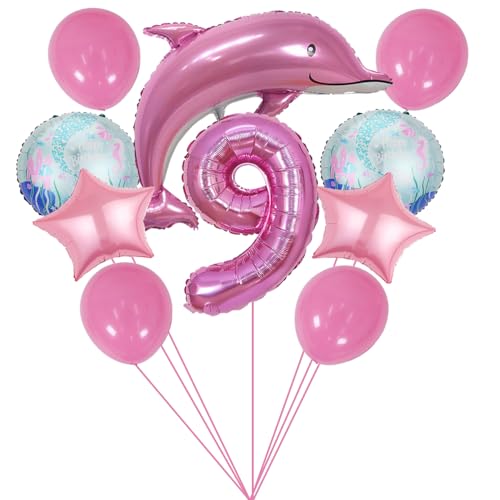 ZWWsullo Rosa Ozean Tiere Geburtstagsfeier Dekoration Meerestiere Geburtstag Deko Delfin Luftballon Deko 9 Jahre Set Große Delfin Folienballon Delfin Luftballon Rosa süß Folien-Ballon Tiere von ZWWsullo